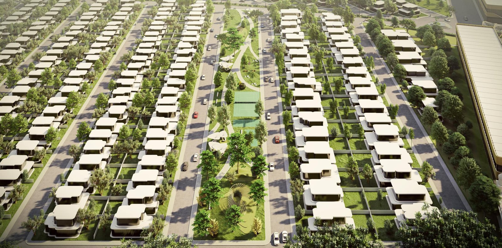 Aerial render of Amoha plots laid out along a planted central avenue