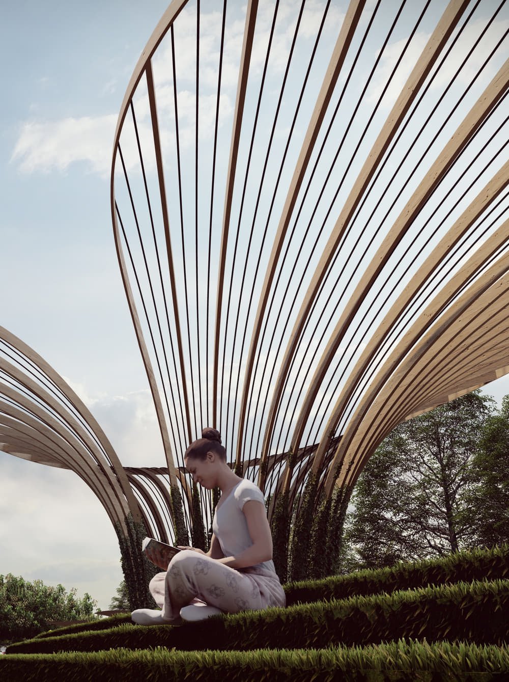 Render of a shaded pavilion in the Amoha landscape