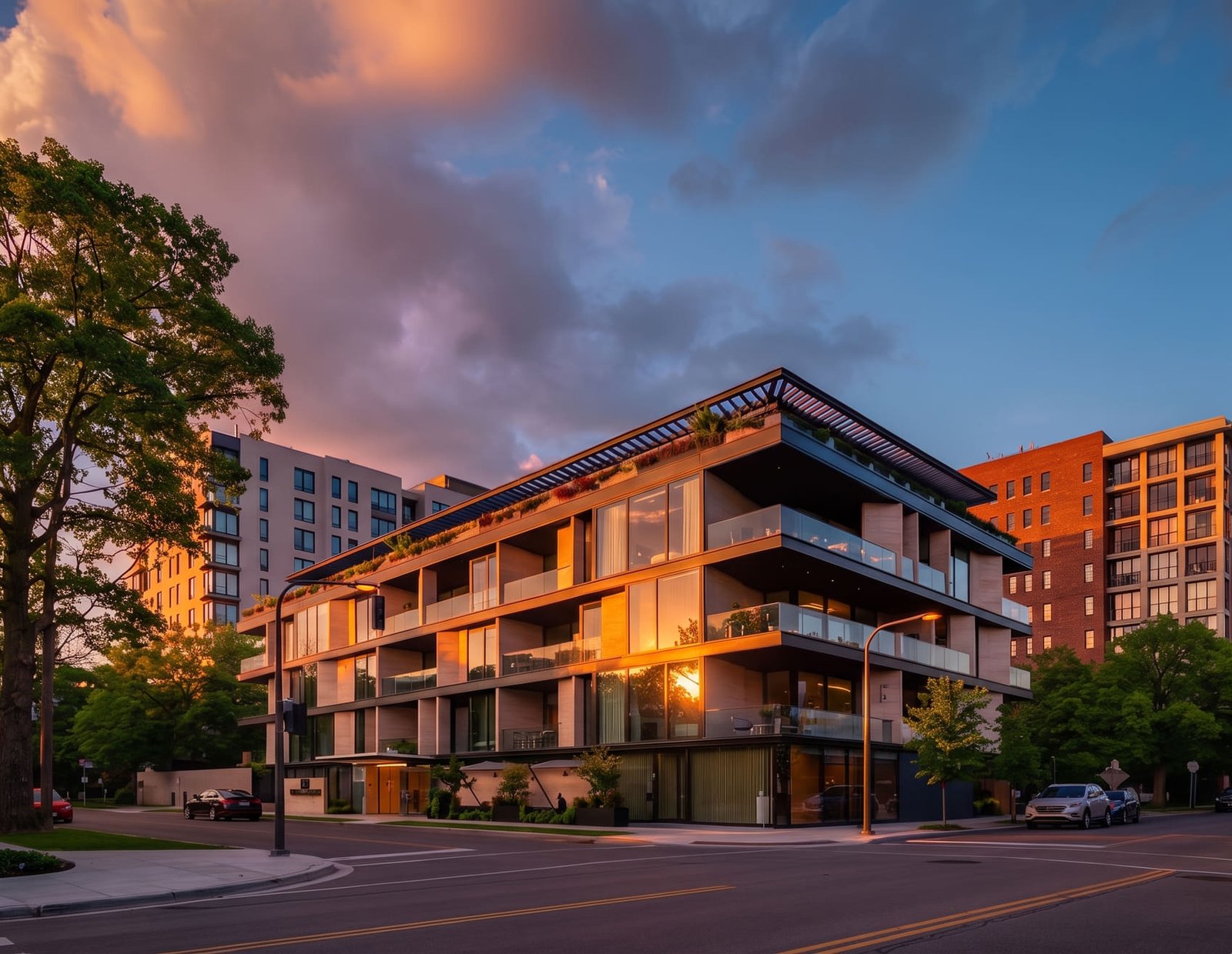 The Amoha corner residence at golden hour, seen from the street